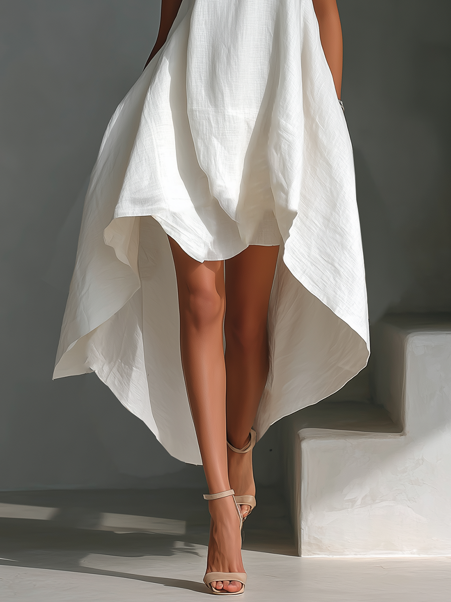 Cascade Asymmetric Hi-Lo Linen Dress  White Sleeveless Sculptural Midi Dress
