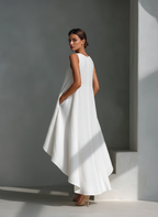 Cascade Asymmetric Hi-Lo Linen Dress  White Sleeveless Sculptural Midi Dress