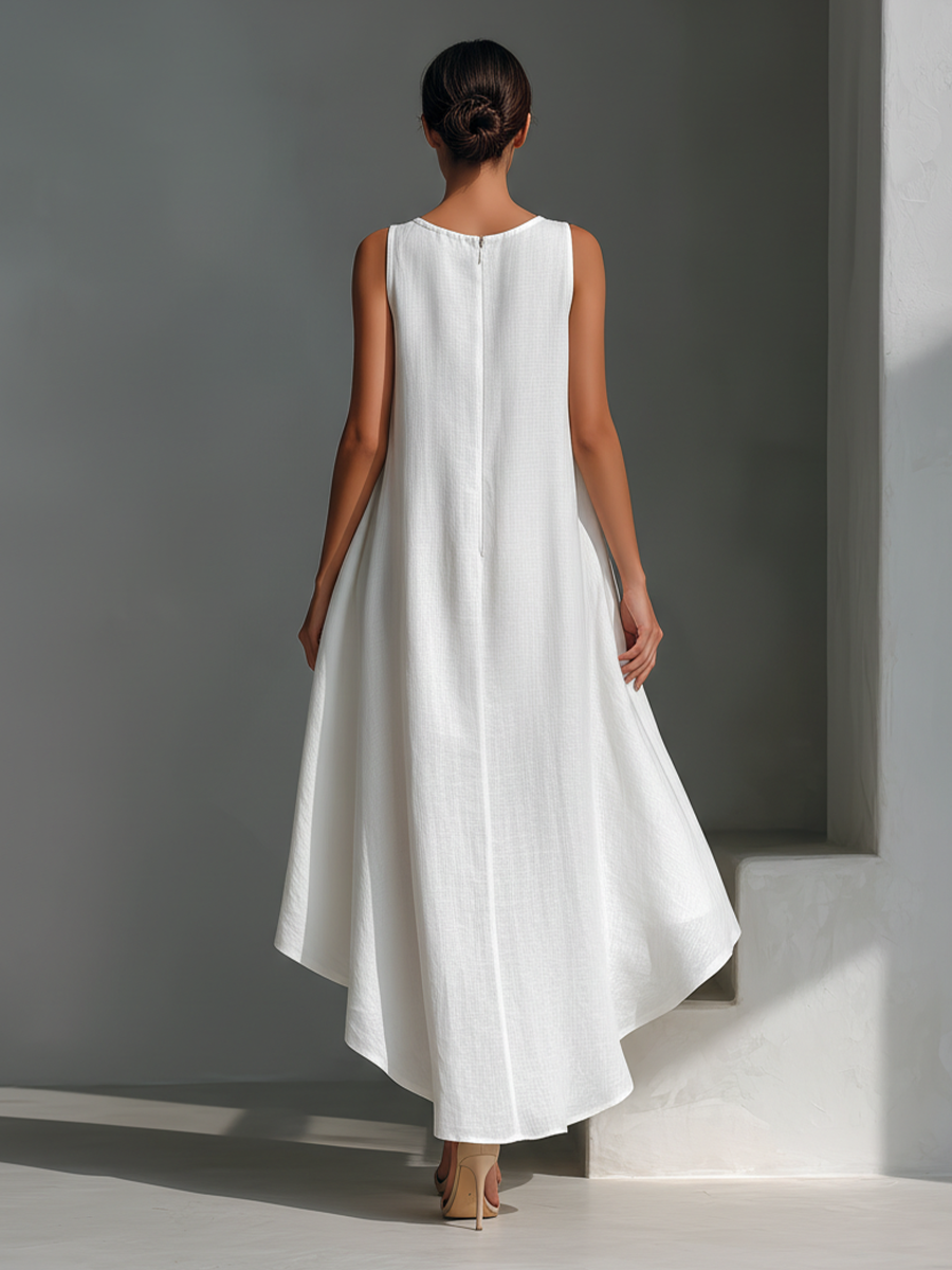 Cascade Asymmetric Hi-Lo Linen Dress  White Sleeveless Sculptural Midi Dress