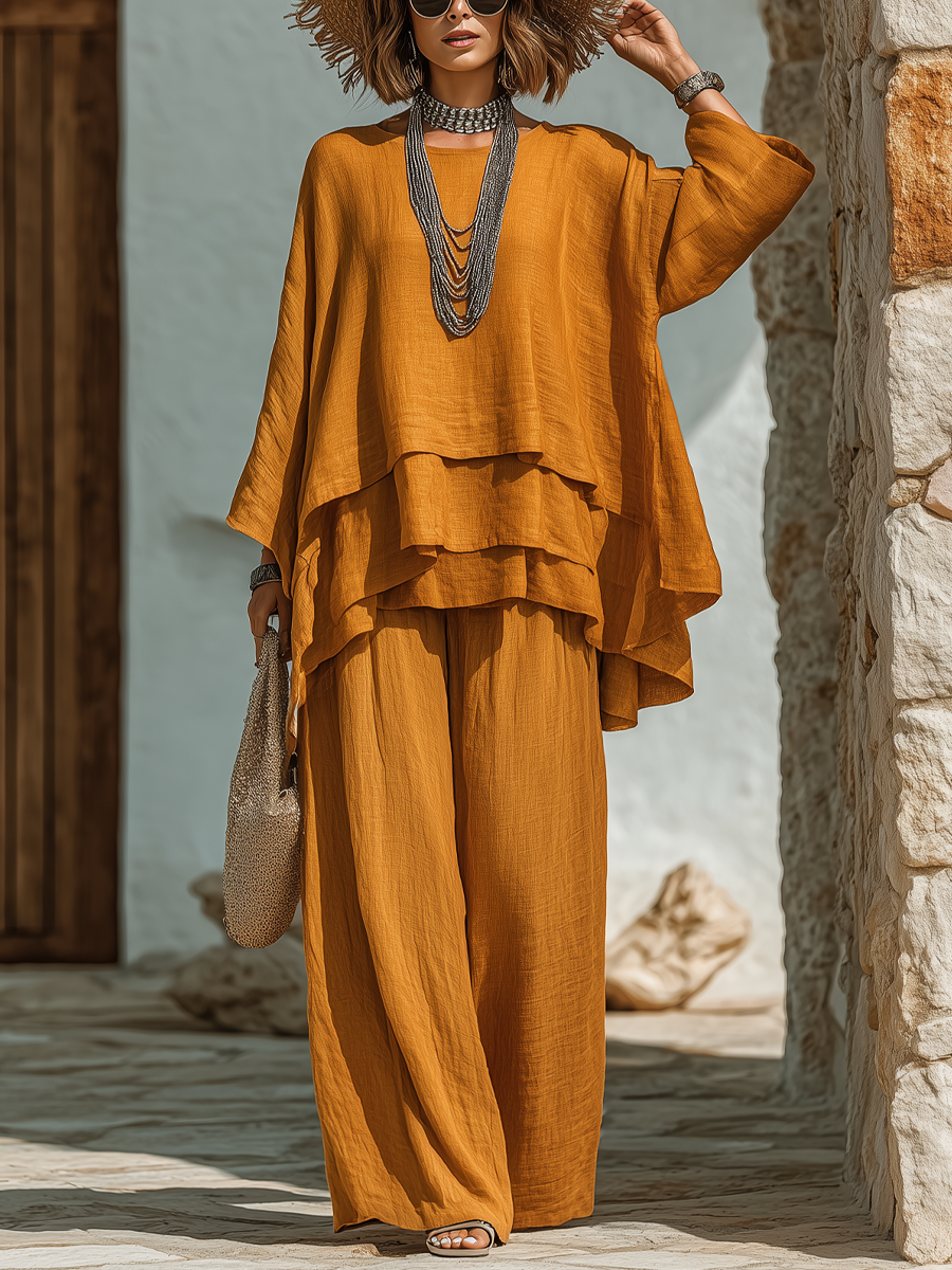 Ruffle Top and Wide Leg Pants Two Piece Set