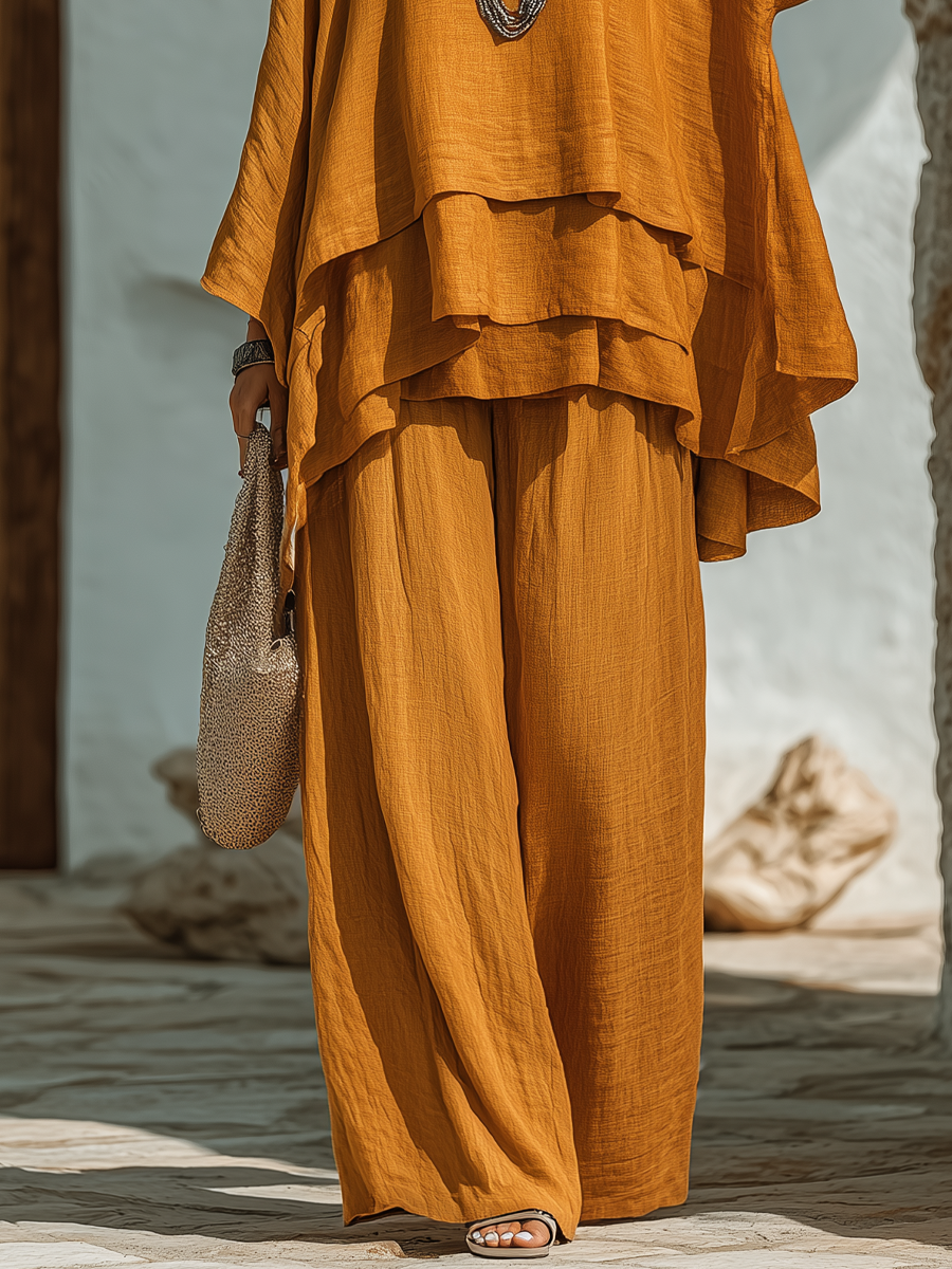 Ruffle Top and Wide Leg Pants Two Piece Set
