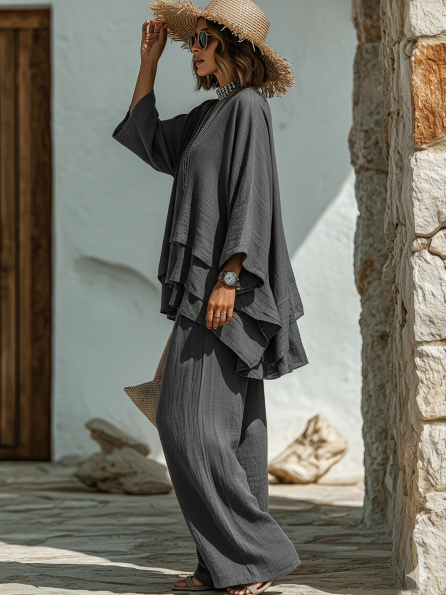 Ruffle Top and Wide Leg Pants Two Piece Set